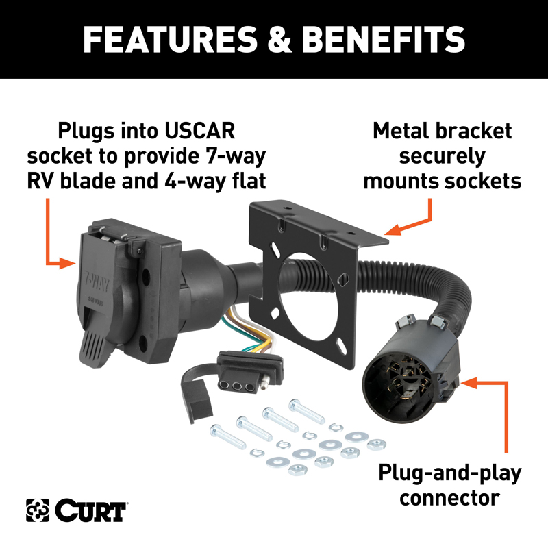 CURT | Dual-Output 7 & 4-Way Connector (Plugs into USCAR) - Audi / Buick / Cadillac / Chevrolet 2000-2023 CURT Electrical & W...