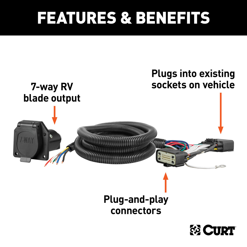 CURT | Custom Wiring Harness, 7-Way RV Blade Output - Explorer 2.0T / 3.5L 2011-2015