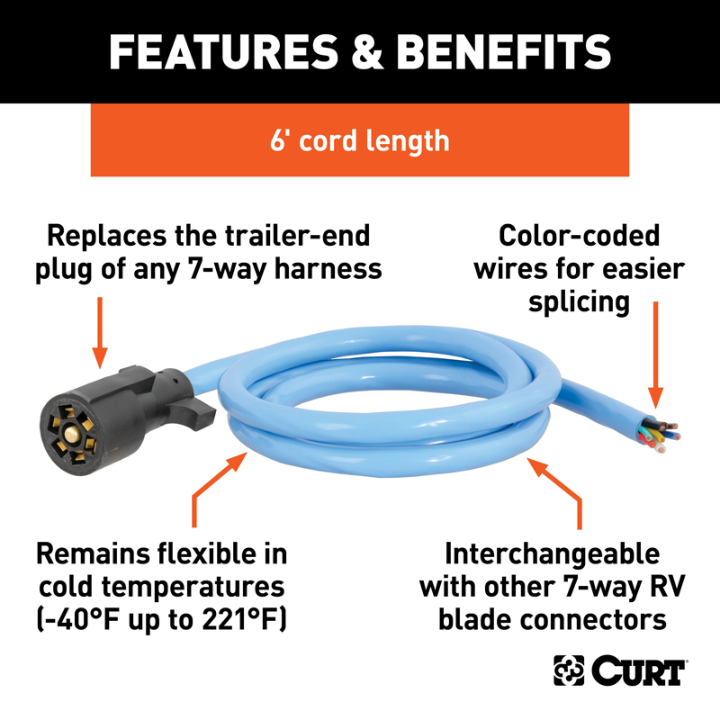 CURT | Cold-Weather Replacement 7-Way RV Blade with 6' Wires (Trailer Side) CURT Electrical & Wiring