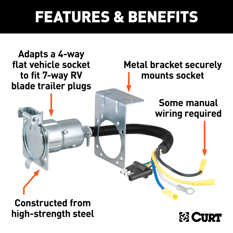 CURT | Electrical Adapter with Bracket (4-Way Flat Vehicle to 7-Way RV Blade Trailer) CURT Electrical & Wiring