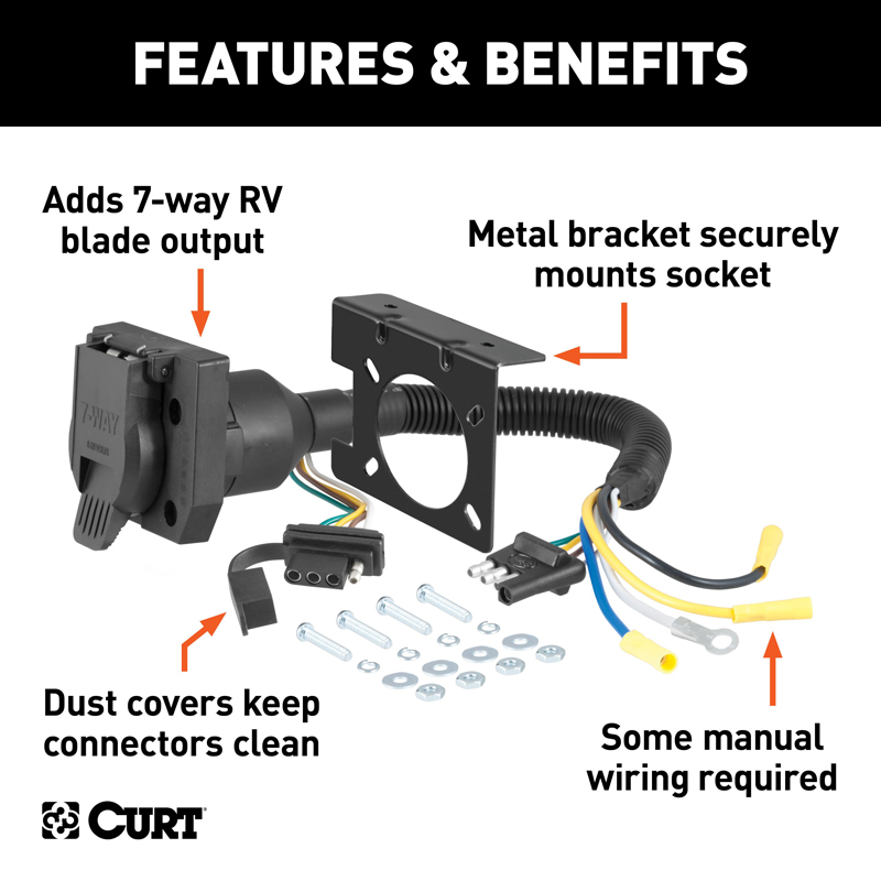 CURT | Dual-Output Electrical Adapter (Adds 7-Way RV Blade to 4-Way Flat) CURT Electrical & Wiring