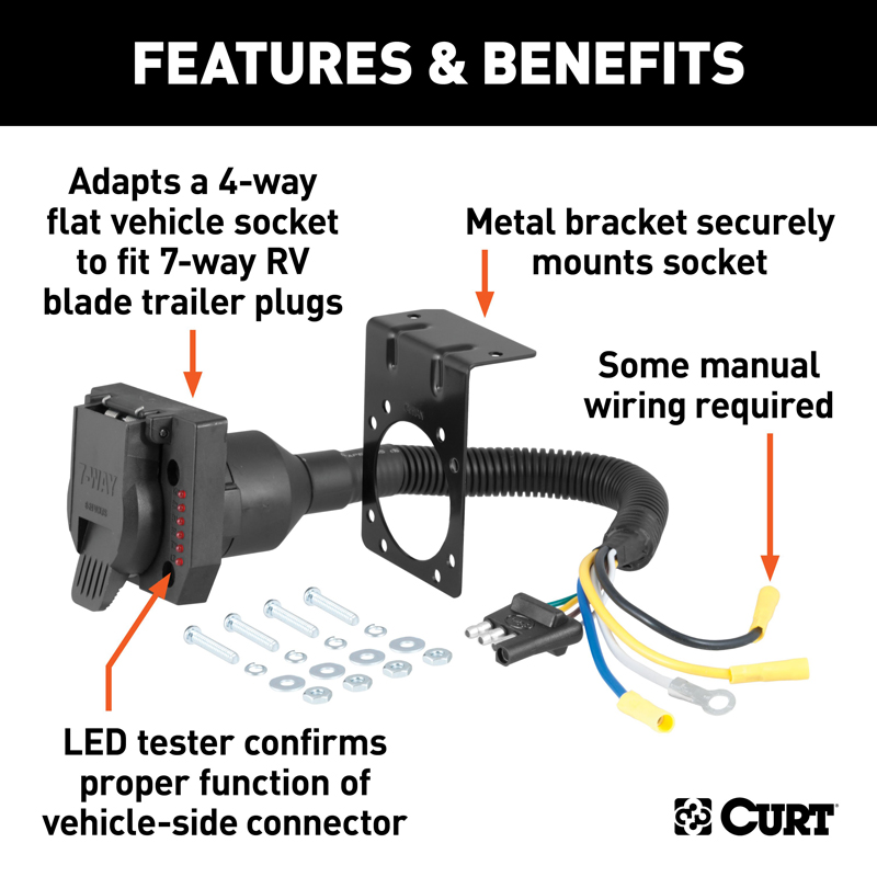 CURT | Electrical Adapter with Tester (4-Way Flat Vehicle to 7-Way RV Blade Trailer) CURT Electrical & Wiring