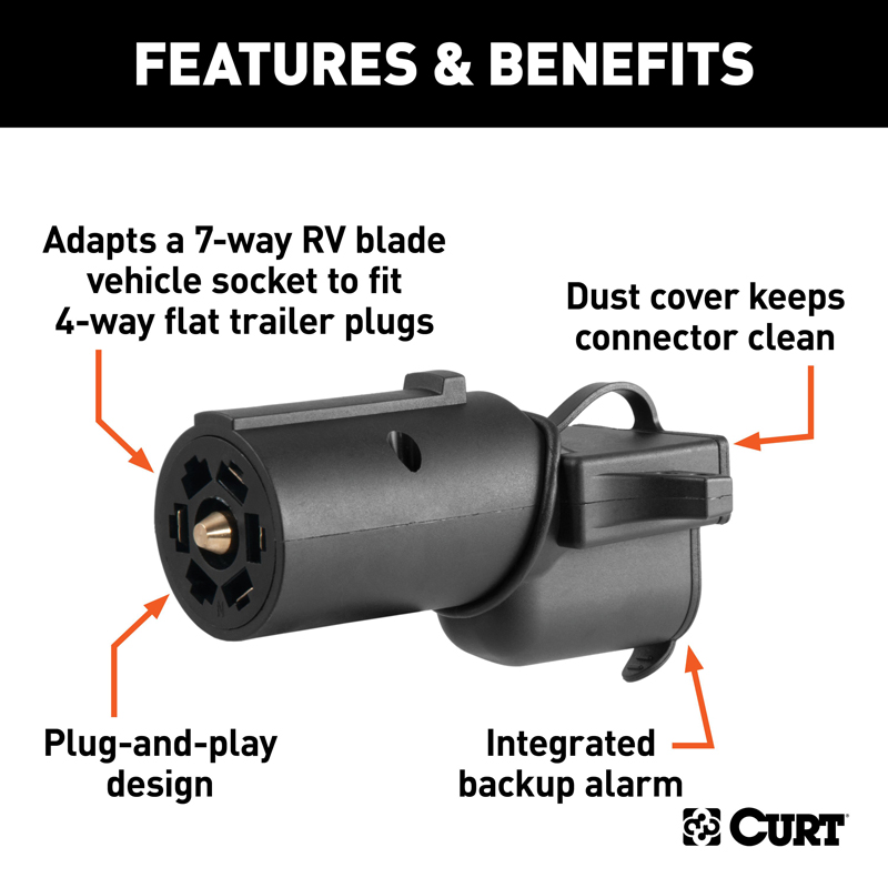 CURT | Adapter with Backup Alarm (7-Way RV Blade Vehicle to 4-Way Flat Trailer) CURT Electrical & Wiring