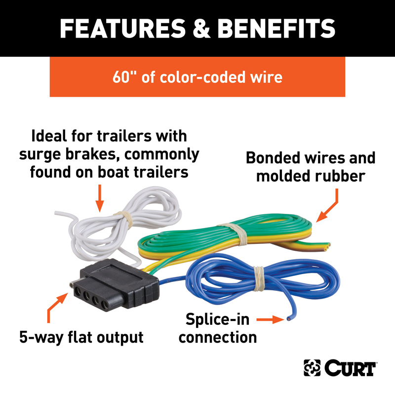 CURT | 5-Way Flat Connector Socket with 60" Wires (Vehicle Side, Packaged)