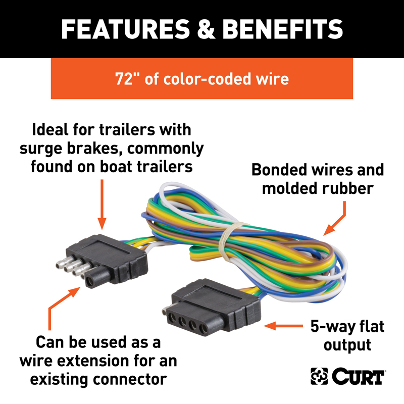 CURT | 5-Way Flat Connector Plug & Socket with 72" Wires (Packaged) CURT Electrical & Wiring