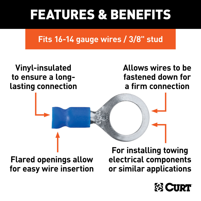 CURT | Ring Terminals (16-14 Wire Gauge, 3/8" Stud Size, 100-Pack)