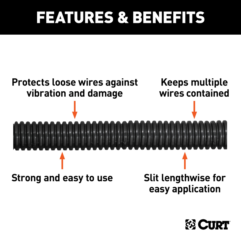 CURT | 1/2" x 25' Convoluted Slit Loom Tubing (Packaged) CURT Electrical & Wiring