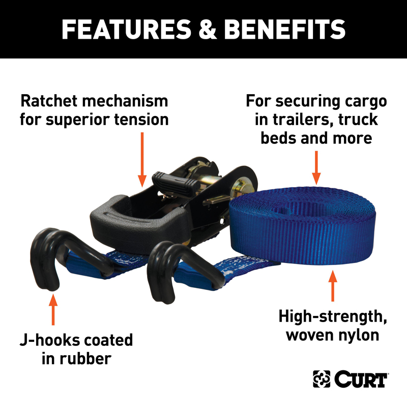 CURT | 16' Blue Cargo Strap with J-Hooks (733 lbs.) CURT Hitch Accessories