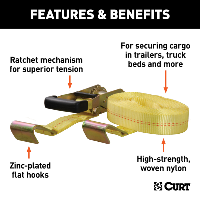 CURT | 27' Yellow Cargo Strap with Flat Hooks (3,333 lbs.) CURT Hitch Accessories