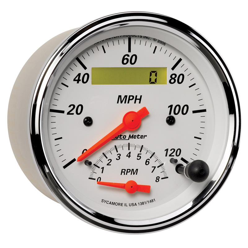 AutoMeter | GAUGE, TACH/SPEEDO, 3 3/8", 120MPH & 8K RPM, ELEC. PROGRAM., ARCTIC WHITE