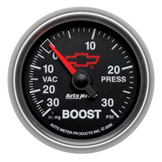 AutoMeter | GAGE, VAC/BOOST, 2 1/16", 30INHG-30PSI, DIGTL STPPR MTR, CHEVY RED BOWTIE, BLACK