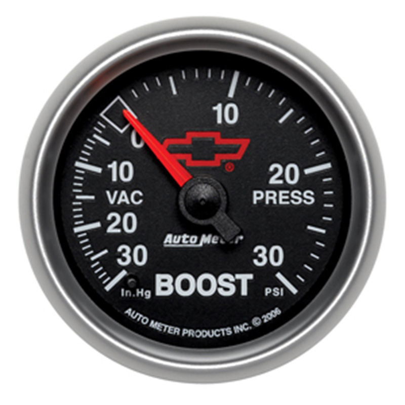 AutoMeter | GAGE, VAC/BOOST, 2 1/16", 30INHG-30PSI, DIGTL STPPR MTR, CHEVY RED BOWTIE, BLACK