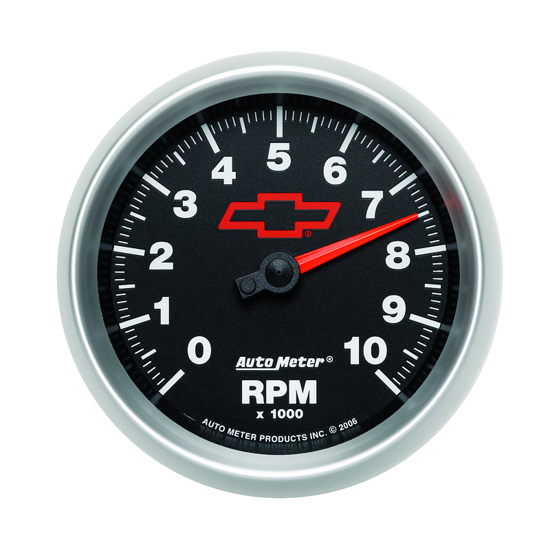 AutoMeter | GAUGE, TACHOMETER, 3 3/8", 10K RPM, IN-DASH, CHEVY RED BOWTIE, BLACK