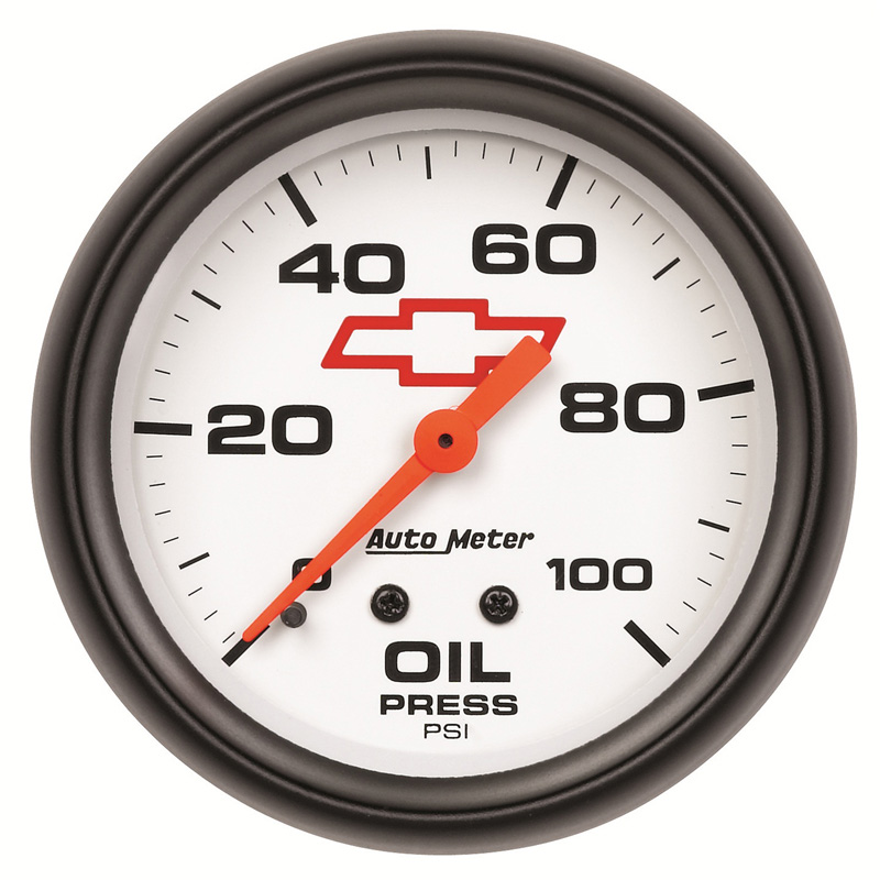 AutoMeter | GAUGE, OIL PRESSURE, 2 5/8", 100PSI, MECHANICAL, CHEVY RED BOWTIE, WHITE