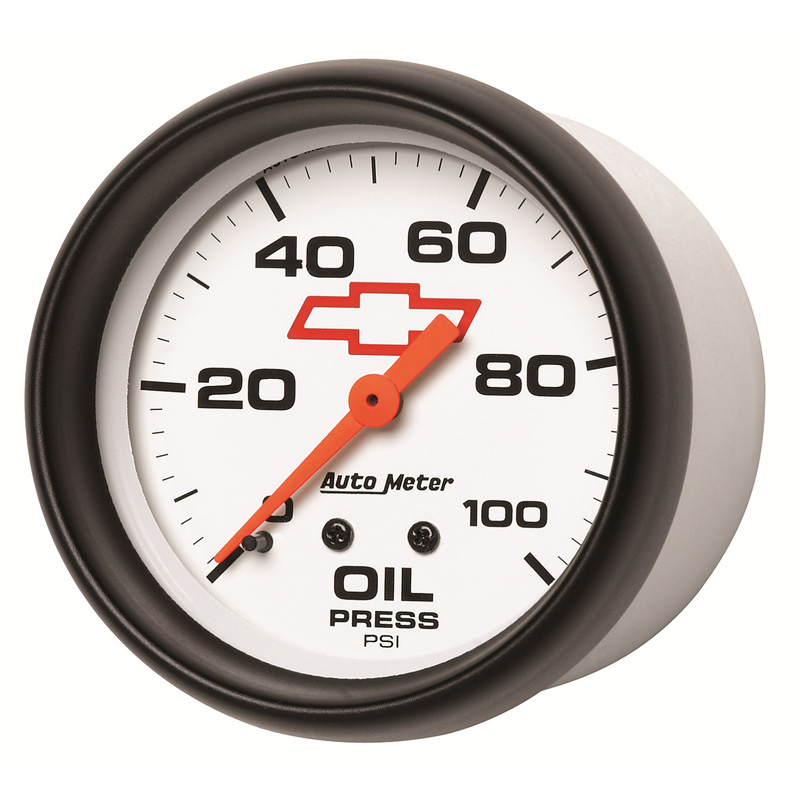AutoMeter | GAUGE, OIL PRESSURE, 2 5/8", 100PSI, MECHANICAL, CHEVY RED BOWTIE, WHITE