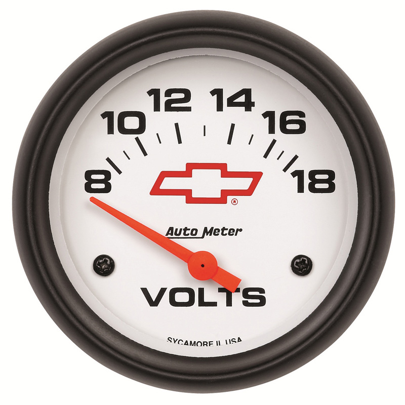 AutoMeter | GAUGE, VOLTMETER, 2 5/8", 18V, ELECTRIC, CHEVY RED BOWTIE, WHITE