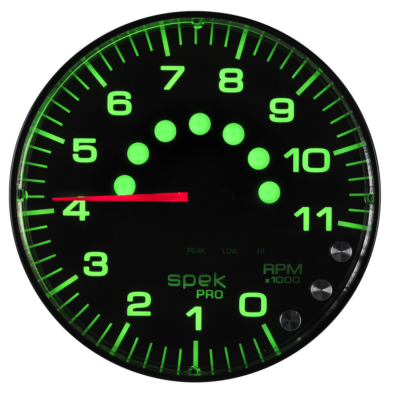 AutoMeter | GAUGE, TACHOMETER, 5", 11K RPM, W/SHIFT LIGHT & PEAK MEM, BLACK/BLACK, SPEK-PRO