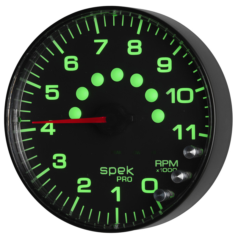 AutoMeter | GAUGE, TACHOMETER, 5", 11K RPM, W/SHIFT LIGHT & PEAK MEM, BLACK/BLACK, SPEK-PRO