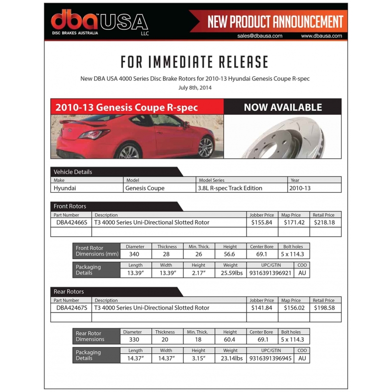 DBA | Disque Slotted T3 Serie 4000 AVANT - Genesis Coupe R-spec 2010-2013 DBA Disques de freins