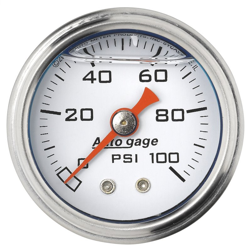 AutoMeter | GAUGE PRESS 1.5in. DIRECT MNT 100PSI LIQUID FILLED MECH WHT 1/8in. NPTF MA AutoMeter Cadrans