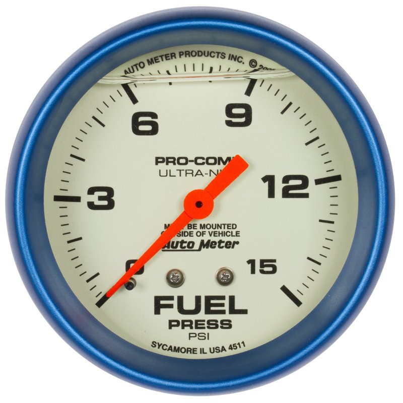 AutoMeter | GAUGE FUEL PRESS 2 5/8in. 15PSI LIQUID FILLED MECH GLOW IN DARK ULTRA-NITE AutoMeter Gauges