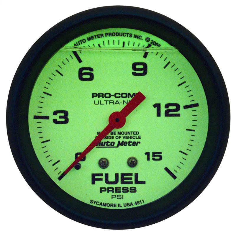 AutoMeter | GAUGE FUEL PRESS 2 5/8in. 15PSI LIQUID FILLED MECH GLOW IN DARK ULTRA-NITE AutoMeter Gauges