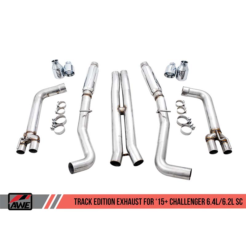 AWE Tuning | Track Cat-Back Exhaust Quad Black Tips - Challenger 6.2L / 6.4L 2015-2023 AWE Tuning Cat-Back Exhausts