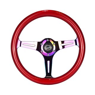 NRG | Classic 350mm 1.5" Deep Dish Wood Grain Steering Wheel - Neochrome / Red