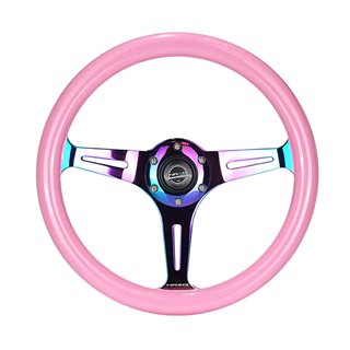 NRG | Classic 350mm 1.5" Deep Dish Wood Grain Steering Wheel - Neochrome / Pink