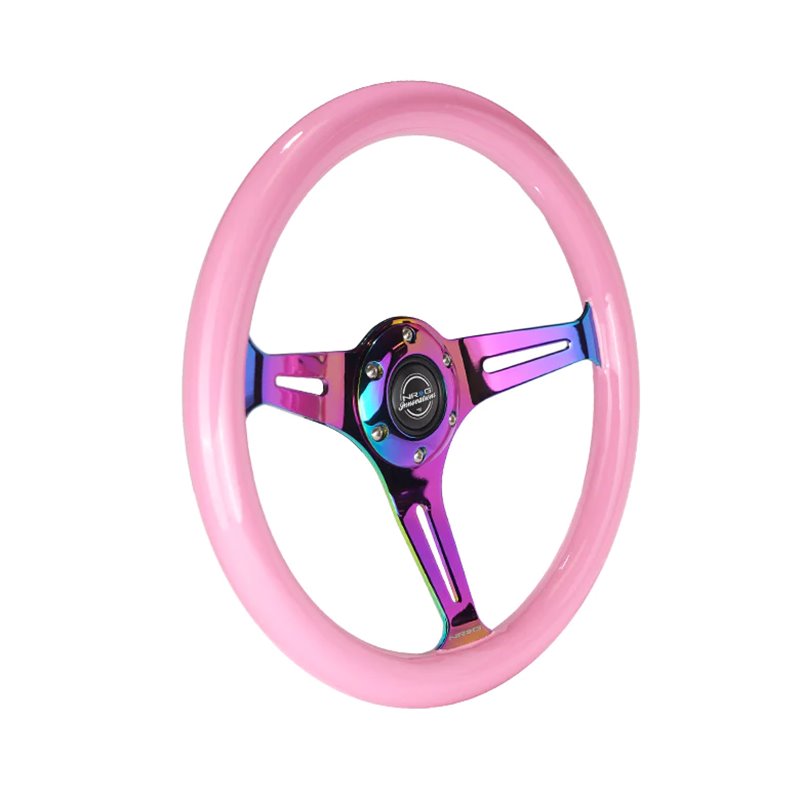 NRG | Classic 350mm 1.5" Deep Dish Wood Grain Steering Wheel - Neochrome / Pink