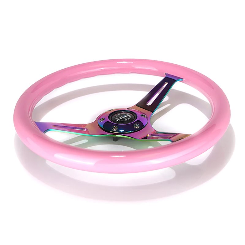 NRG | Classic 350mm 1.5" Deep Dish Wood Grain Steering Wheel - Neochrome / Pink