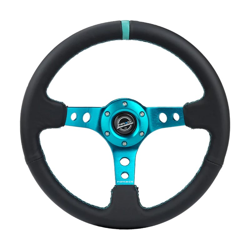 NRG | Reinforced 350mm 3" Deep Dish Leather Steering Wheel - Teal w/ Teal Center Mark NRG Innovations Steering Wheels