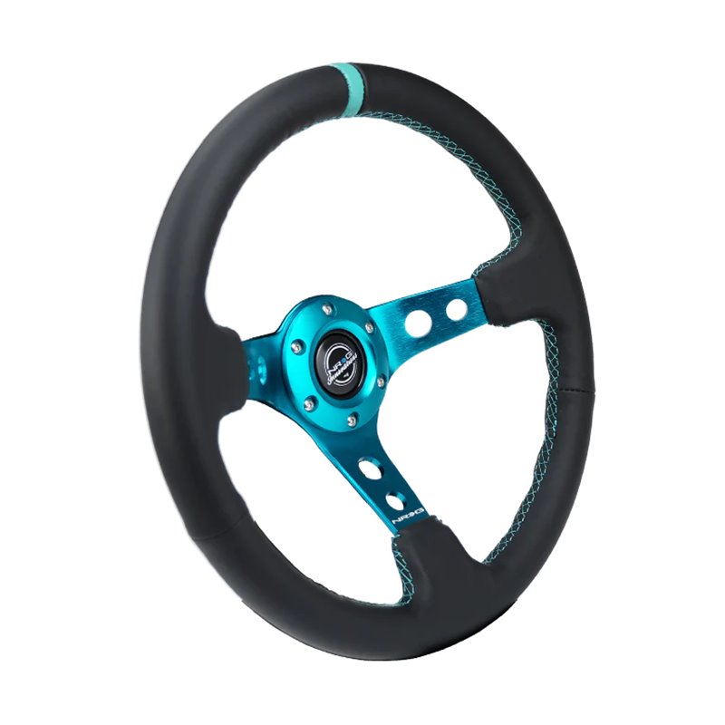 NRG | Reinforced 350mm 3" Deep Dish Leather Steering Wheel - Teal w/ Teal Center Mark NRG Innovations Steering Wheels