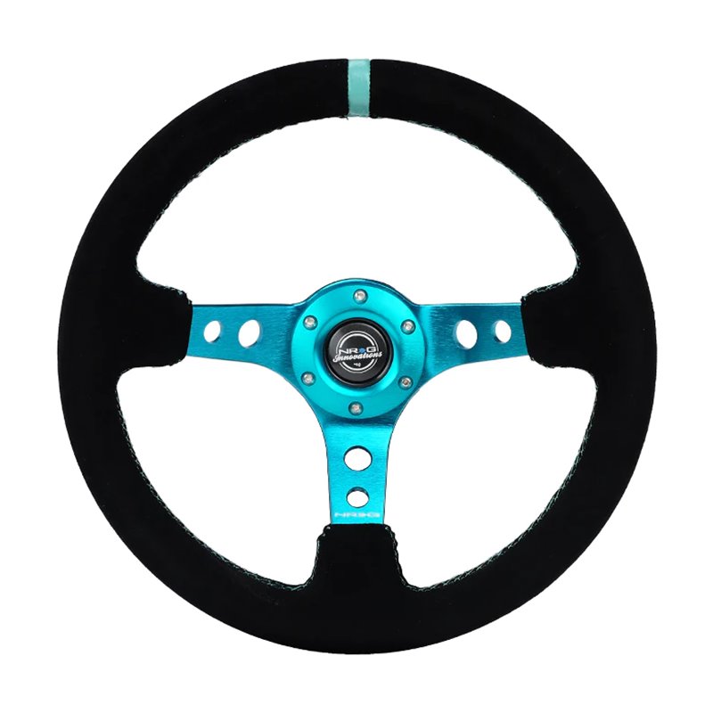 NRG | Reinforced 350mm 3" Deep Dish Suede Steering Wheel - Teal w/ Teal Center Mark