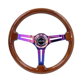 NRG | Reinforced 350mm 3" Deep Dish Slit Wood Grain Steering Wheel - Brown / Neochrome