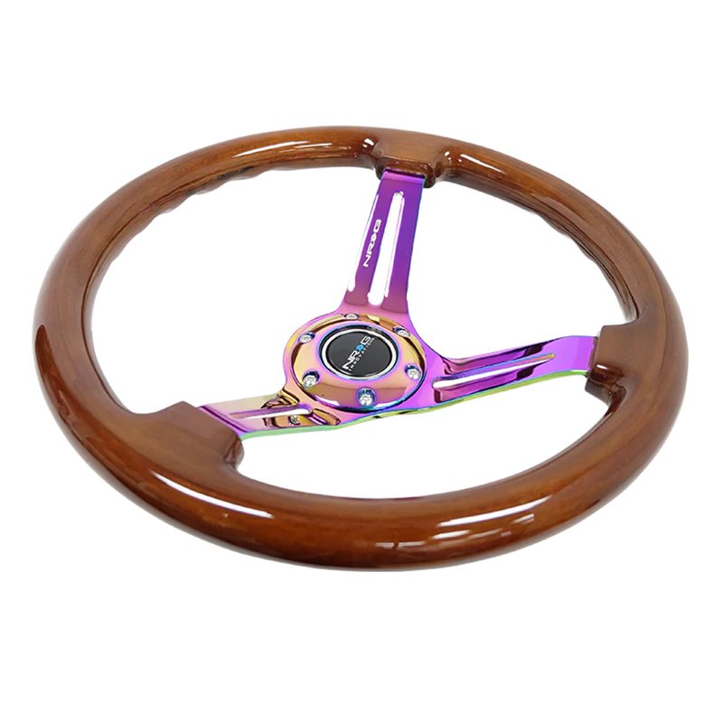 NRG | Reinforced 350mm 3" Deep Dish Slit Wood Grain Steering Wheel - Brown / Neochrome