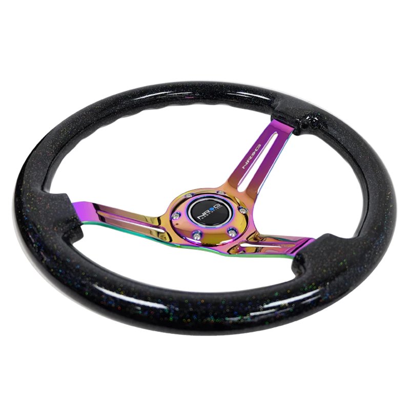 NRG | Reinforced 350mm 3" Deep Dish Slit Wood Grain Steering Wheel - Black Sparkled Color / Neochrome