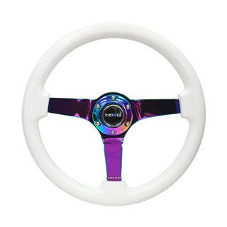 NRG | Reinforced 350mm 3" Deep Dish Wodd Grain Steering Wheel - White / Neochrome NRG Innovations Steering Wheels