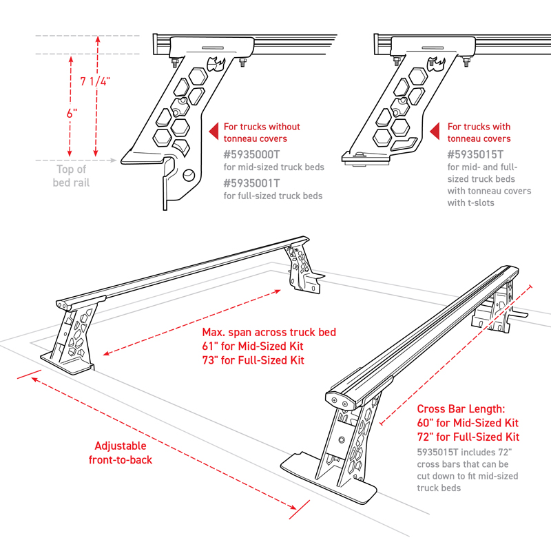 Go Rhino | XRS Cross Bars - Truck Bed Rail Kit for Full-Sized Trucks w/o Tonneau Covers - Chevrolet / Dodge / Ford 2007-2023