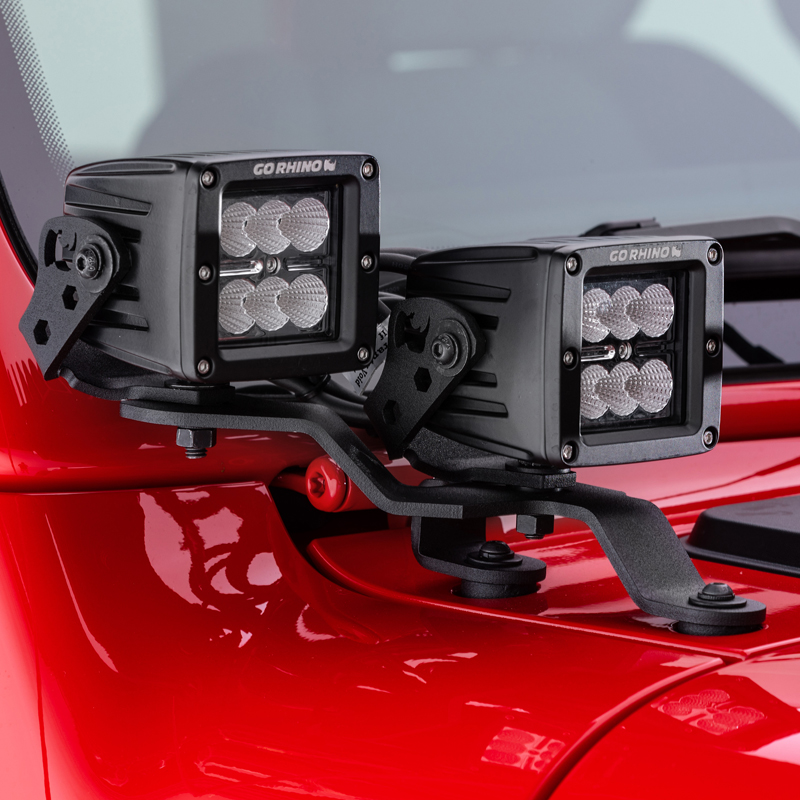 Go Rhino | Windshield Cowl Light Mount - Fits Dual 3" Cube Lights Offset - Gladiator / Wrangler (JL) 2018-2021 Go Rhino Acces...