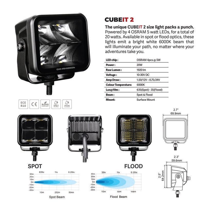 Go Rhino | 50200321FCS - Blackout Series Lights - Pair of 2x2 Cube LED Flood Light Kit -  Black