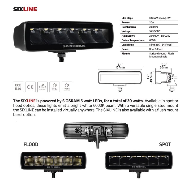 Go Rhino | 50300621SBS - Blackout Series Lights - Pair of Sixline LED Spot Light Kit - Black Go Rhino Accessory Lighting