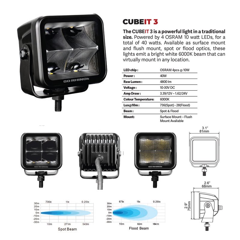 Go Rhino | 50400321FCS - Blackout Series Lights- Pair of 3x3 Cube LED Flood Light Kit - Black Go Rhino Accessory Lighting