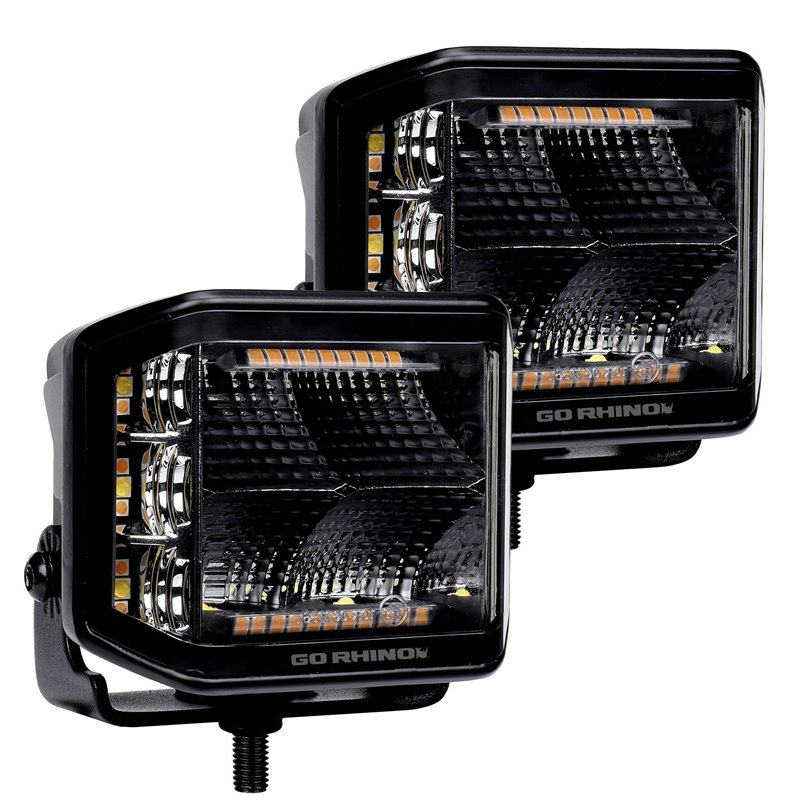 Go Rhino | 50700322FCS - Blackout Combo Series Lights - Pair of 4x3 Cube Sideline LED Flood Lights W/Amber -  Black