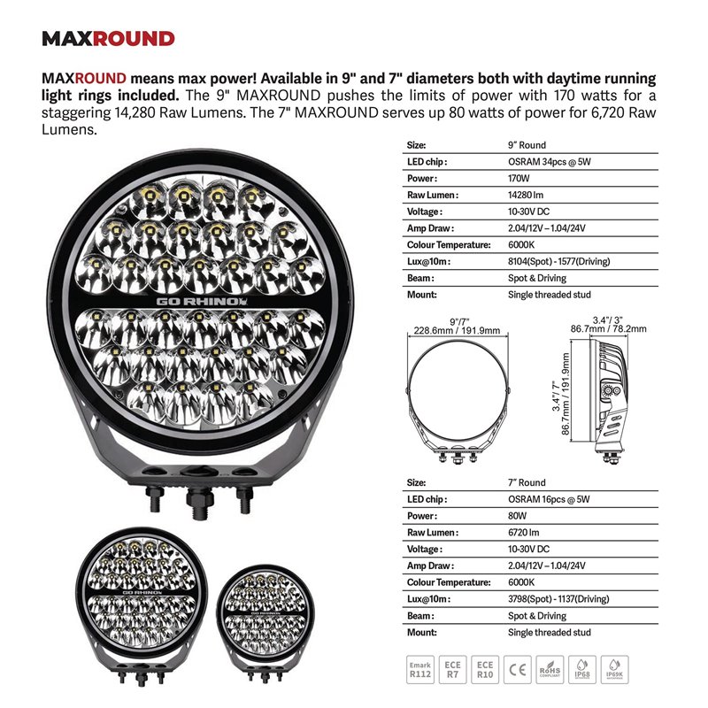 Go Rhino | 50800711SRS - Blackout Series Lights - 7" Round LED Spot Light Beam With Daytime Running Light -  Black