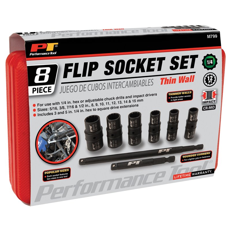 PT Performance Tool | 8PC 1/4 DRIVE FLIP SOCKET SET PT Performance Tool Ratchets & Sockets